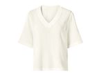 White short-sleeved V-neck top with a textured fabric.