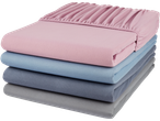 Stack of jersey bedsheets in pink, blue, and grey.