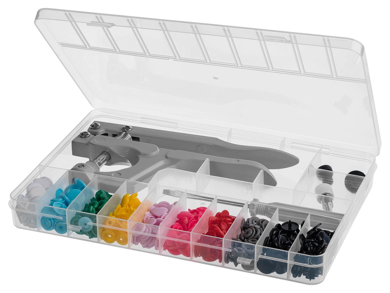 A clear plastic case containing a gray rivet gun, various colored plastic rivets, and a rivet removal tool.