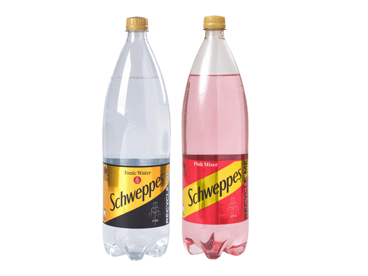 Kaks Schweppesi pudelit: toonik ja roosa mikser.