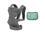 Infantino baby carrier in gray with a patterned headrest.