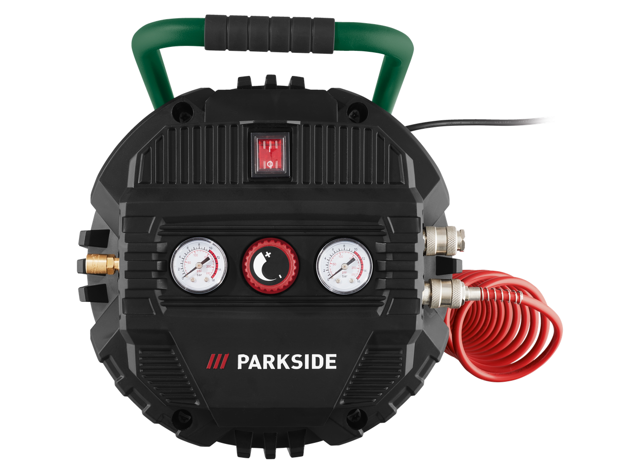 Parkside függőleges kompresszor nyomásmérőkkel és piros tömlővel.