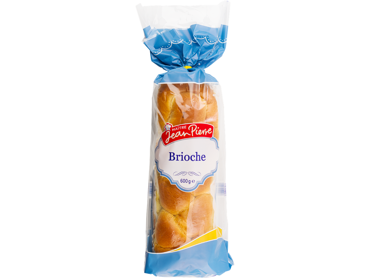 En Kaiser Brioche-bulle i blå plastförpackning.
