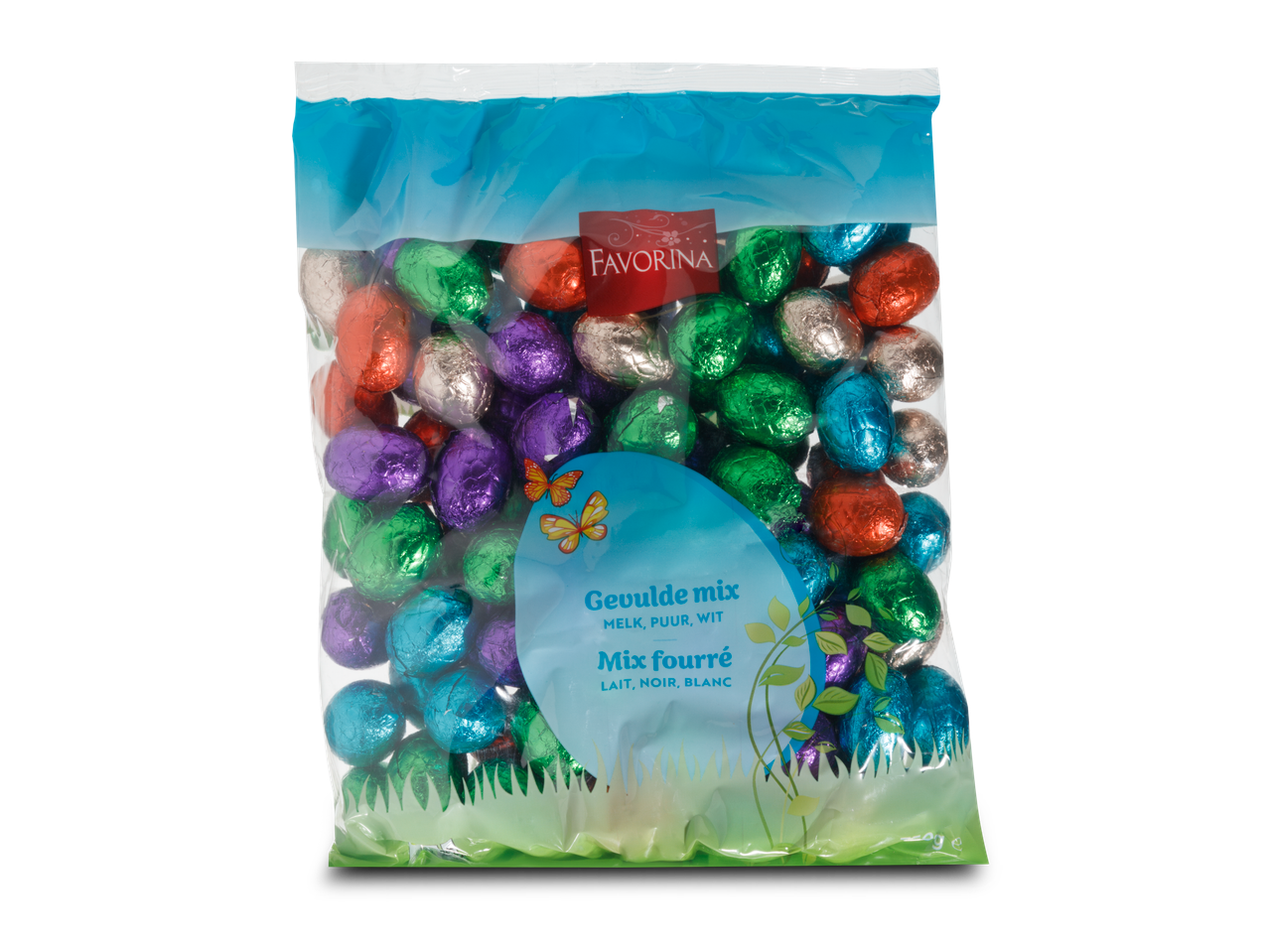 Favorina gevulde chocolade paaseitjes in een zak, mix van melk, puur en witte chocolade