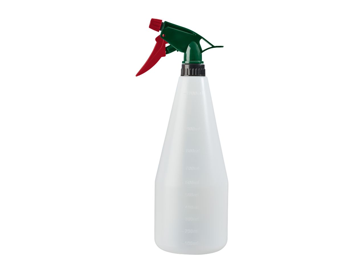 White spray bottle with green and red nozzle, featuring volume measurements.