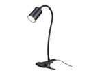 Black clip-on desk lamp with a flexible gooseneck and an illuminated head.