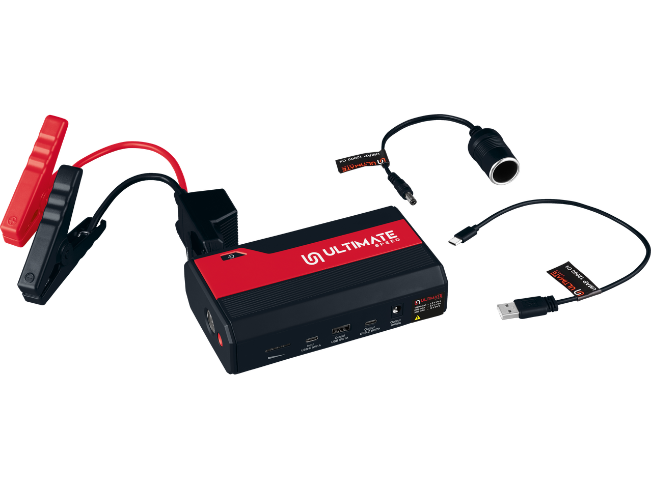ULTIMATE SPEED® Portable Jump Starter with Power Bank, jumper cables, and charging accessories.