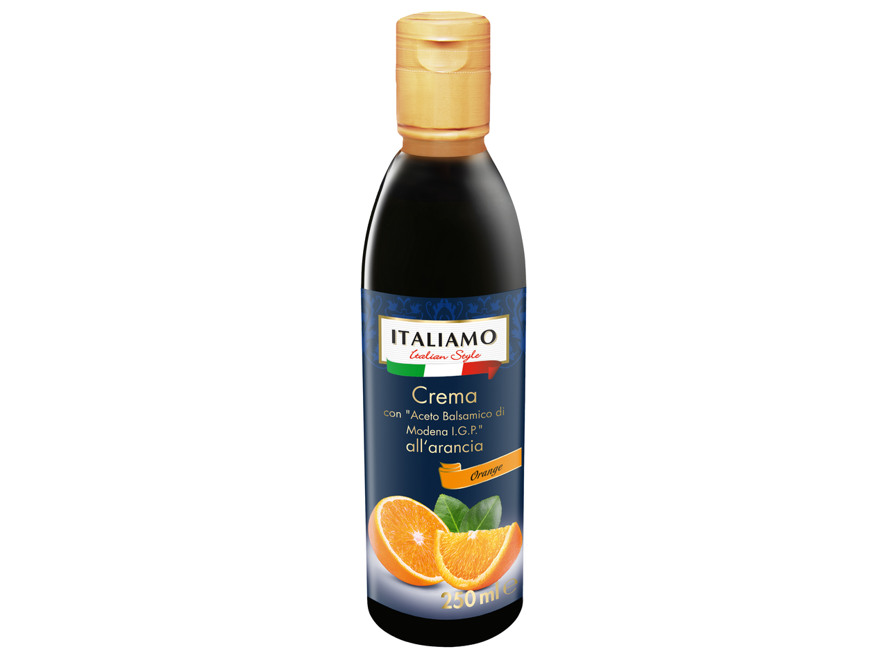 Бутилка балсамов крем с портокал, с надпис „Crema all'arancia“ и „250 ml e“.