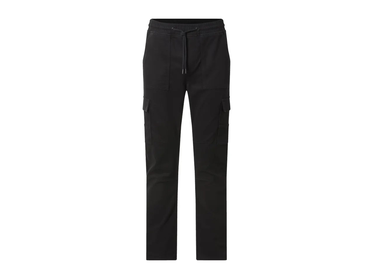 Black men's cargo trousers with an elasticated waist and drawstring.