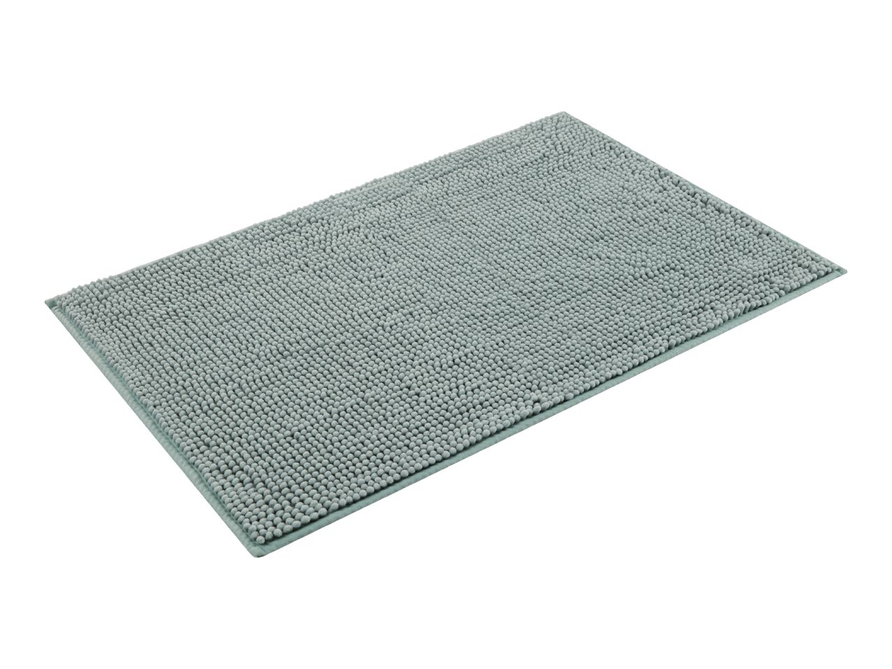 A rectangular light green bath mat with a textured, looped pile surface