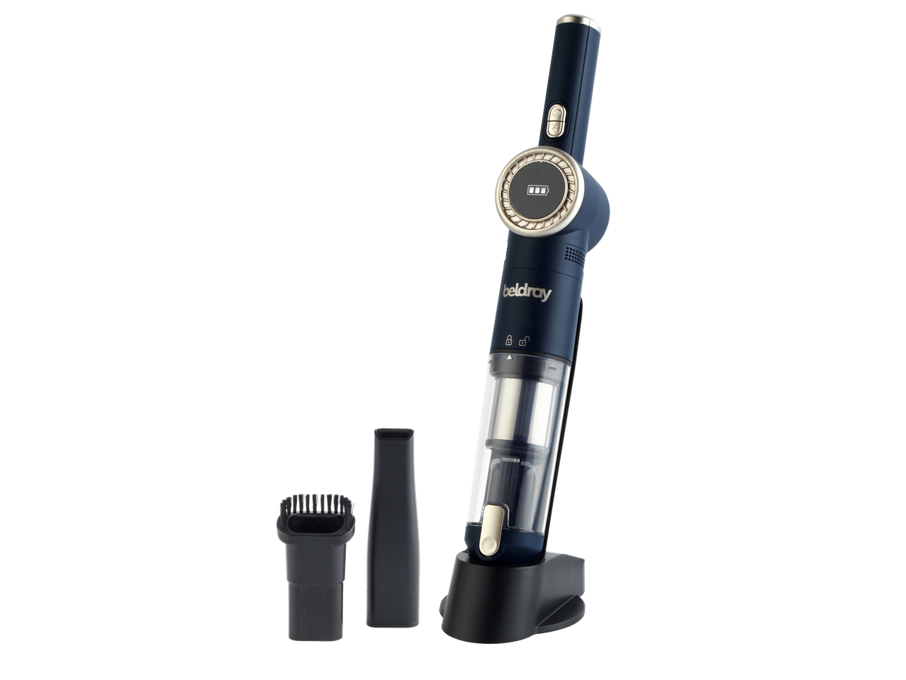 Cordless handheld vacuum cleaner in blue and gold, with a brush and crevice tool, on a black background.