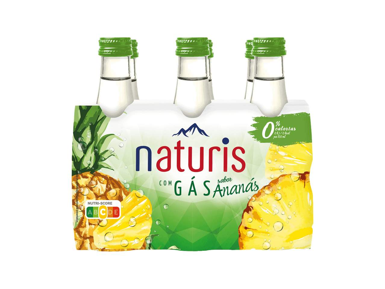 Pack de 6 garrafas de água com gás sabor ananás, com 0% calorias e Nutri-Score A.