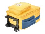 Yellow children's rolling suitcase with a lion face design and blue side pocket.