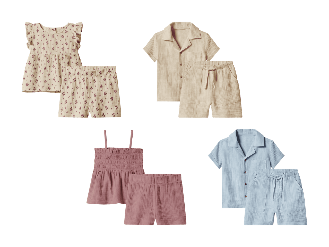 Musselin-Kinderkleidungssets: geblümtes Kleid, beiger Pyjama, rosa Top und hellblauer Pyjama.