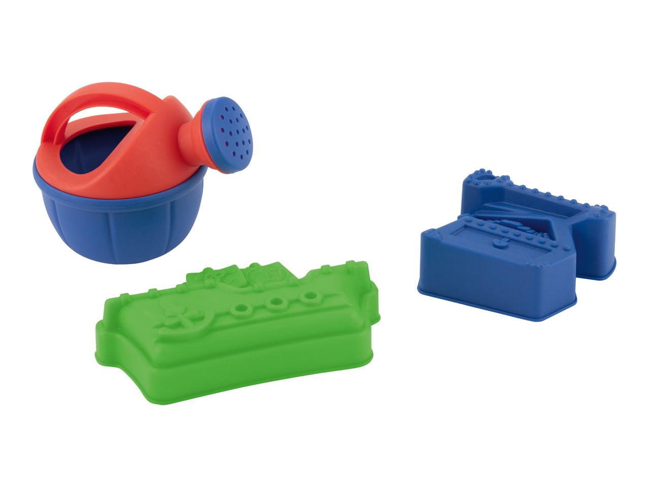 Red and blue watering can with green and blue sand molds for children.
