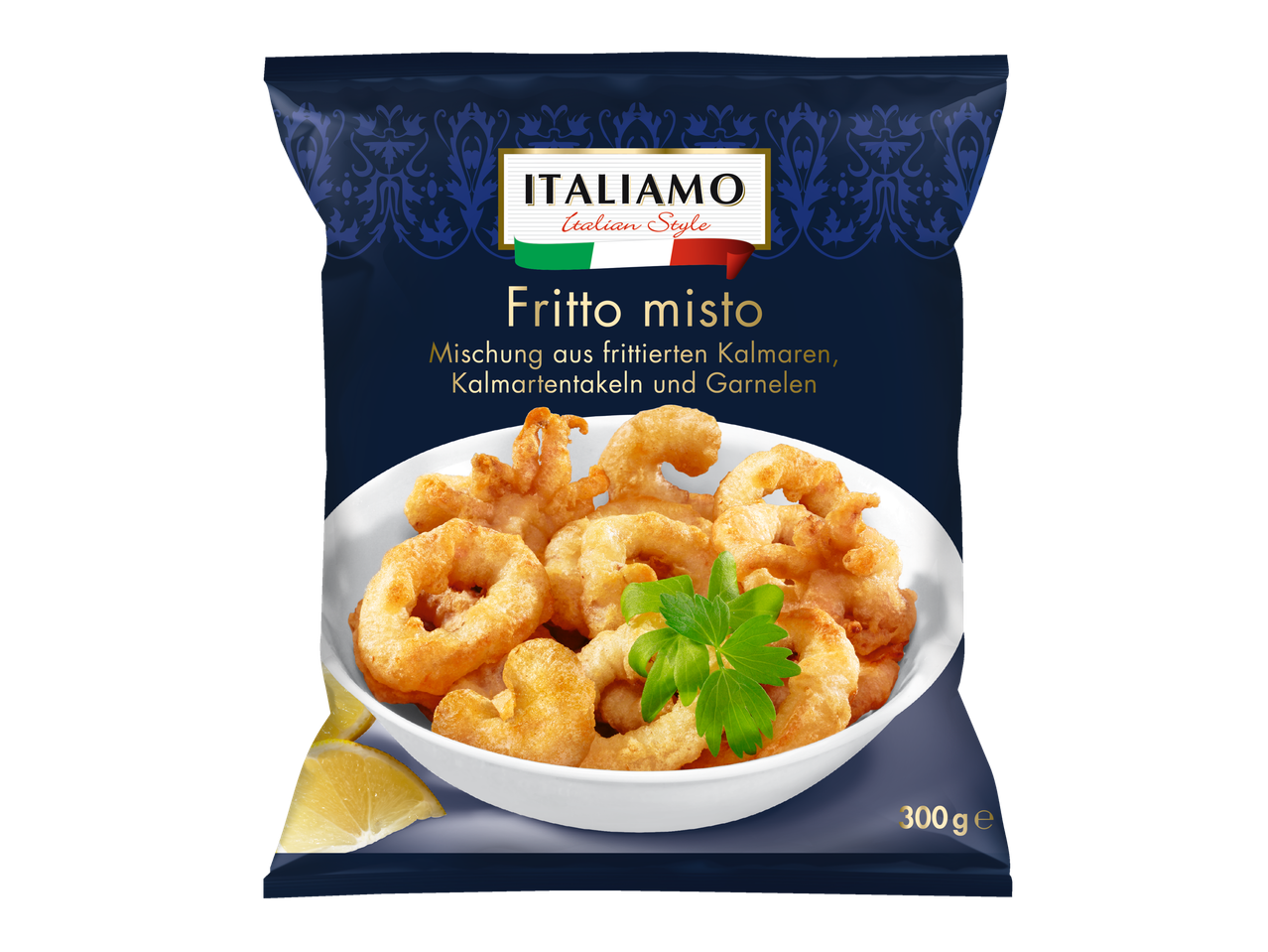ITALIAMO Italian Style Fritto Misto: Mischung aus frittierten Kalmaren, Kalmar tentakeln und Garnelen.
