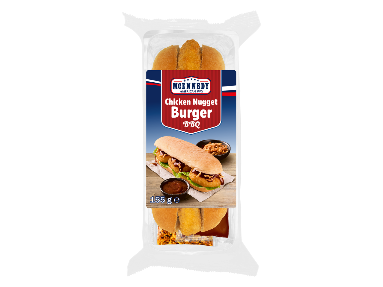 McEnnedy Chicken Nugget Burger BBQ, 155g, in doorzichtige plastic verpakking.