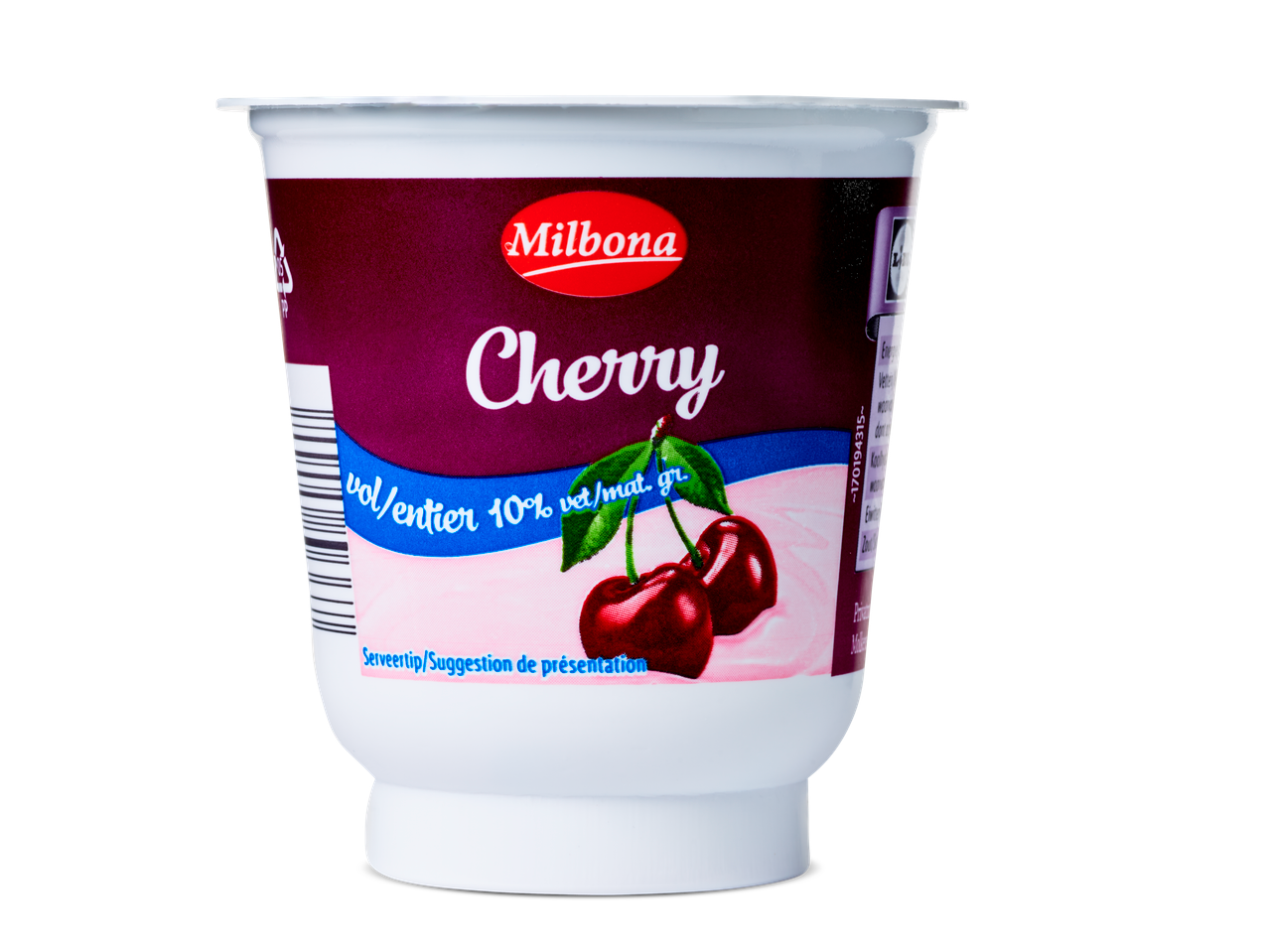 Milbona kersenyoghurt in een bekertje.