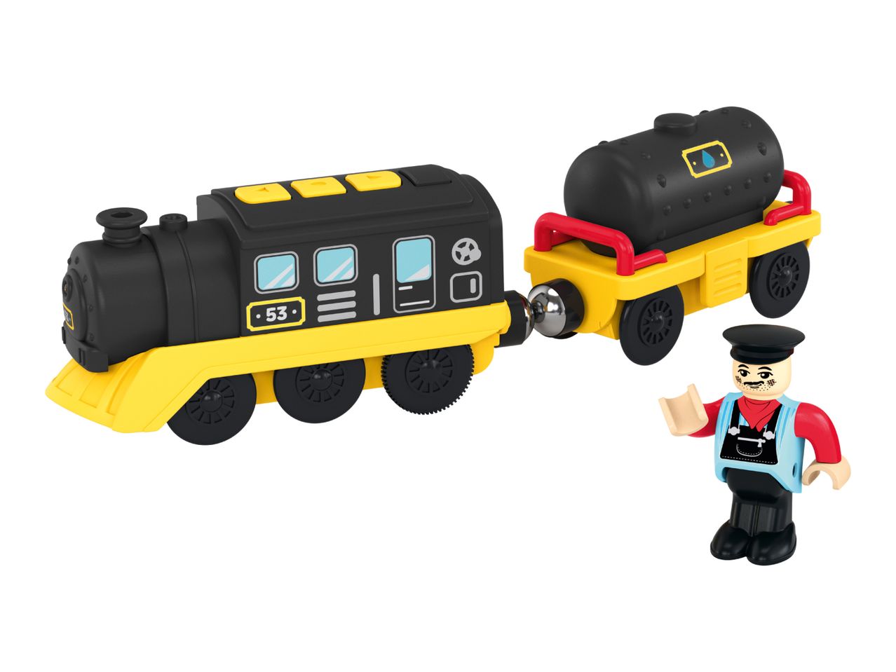 Black and yellow toy train with a tanker car and a train conductor figurine.