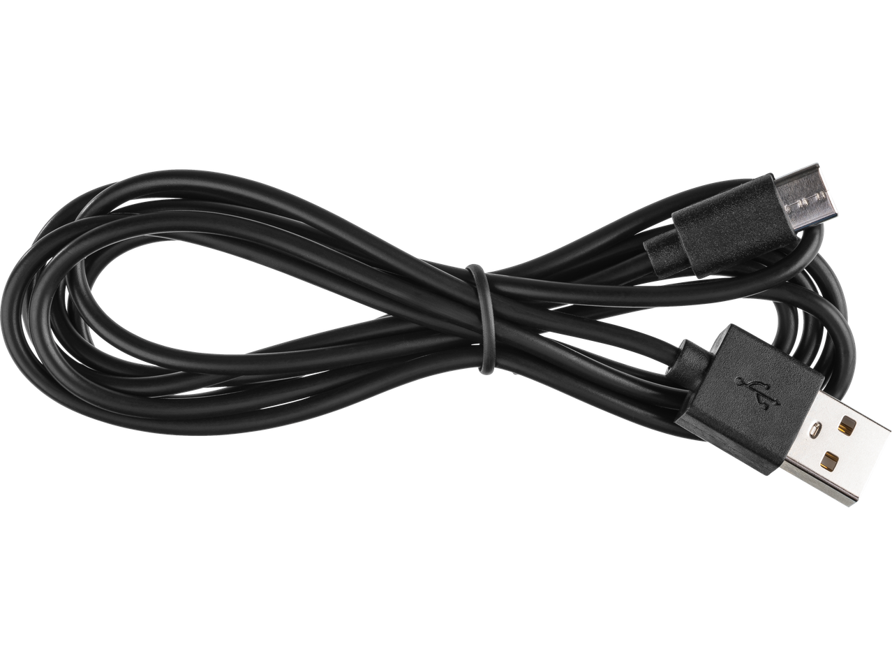 Црни УСБ кабл за пуњење и пренос података, увијен у петљу.