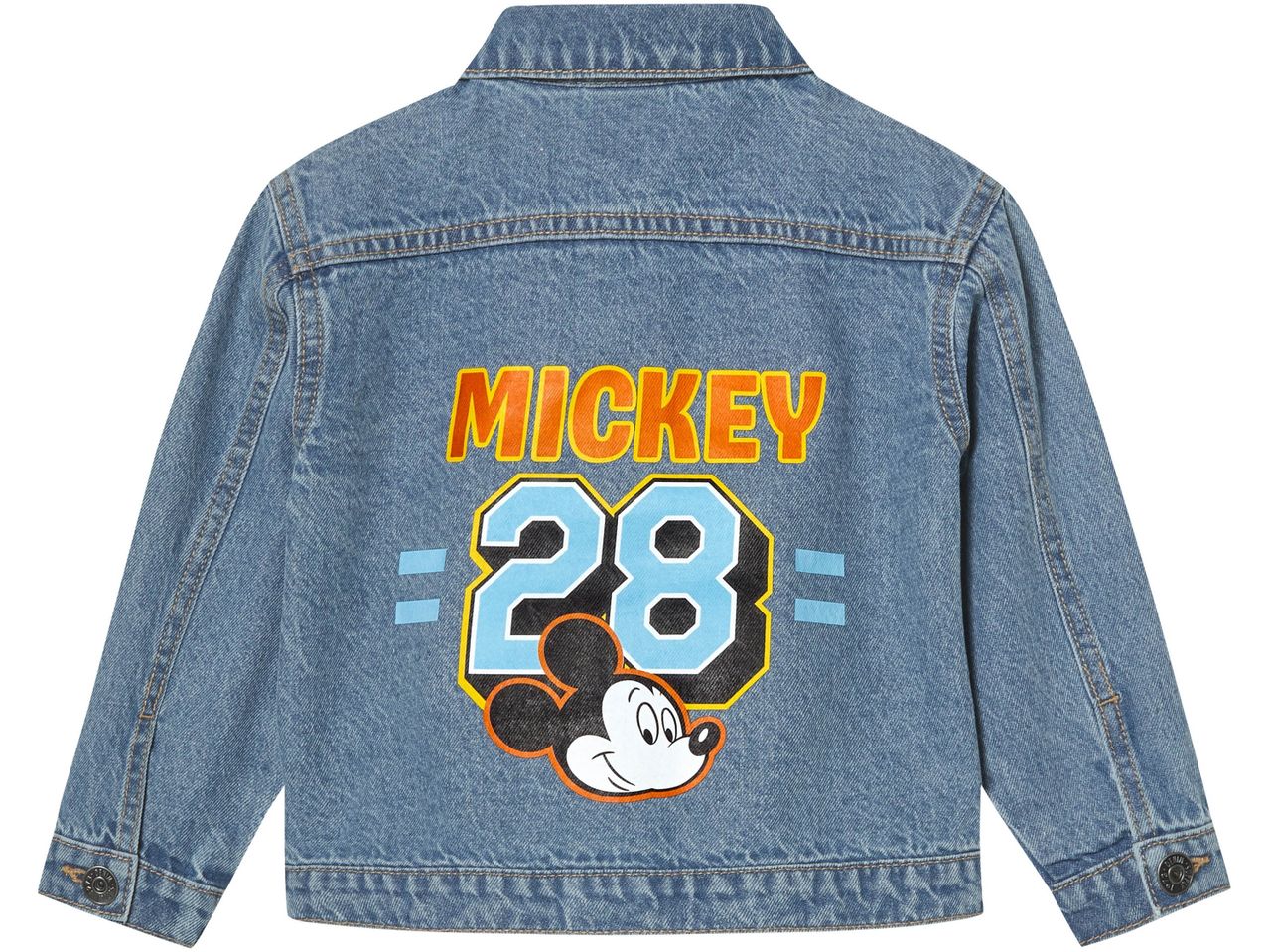 Blue denim jacket with Mickey Mouse and 'MICKEY 28' graphic on the back.