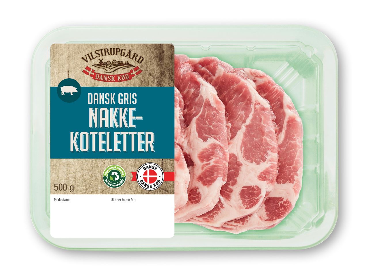 Pakke med Vilstrupgård Danish Gris Nakkekoteletter, 500g.