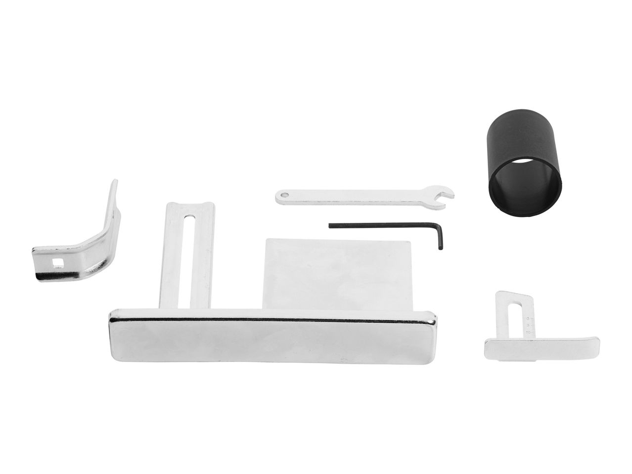 A set of automotive repair tools, including a spring compressor and various other components.