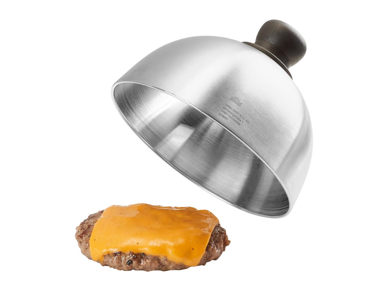 Stainless steel burger cloche hovering over a cheeseburger patty.