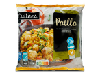 Culinea diepvries Paella: rijst, kip, vis en zeevruchten.