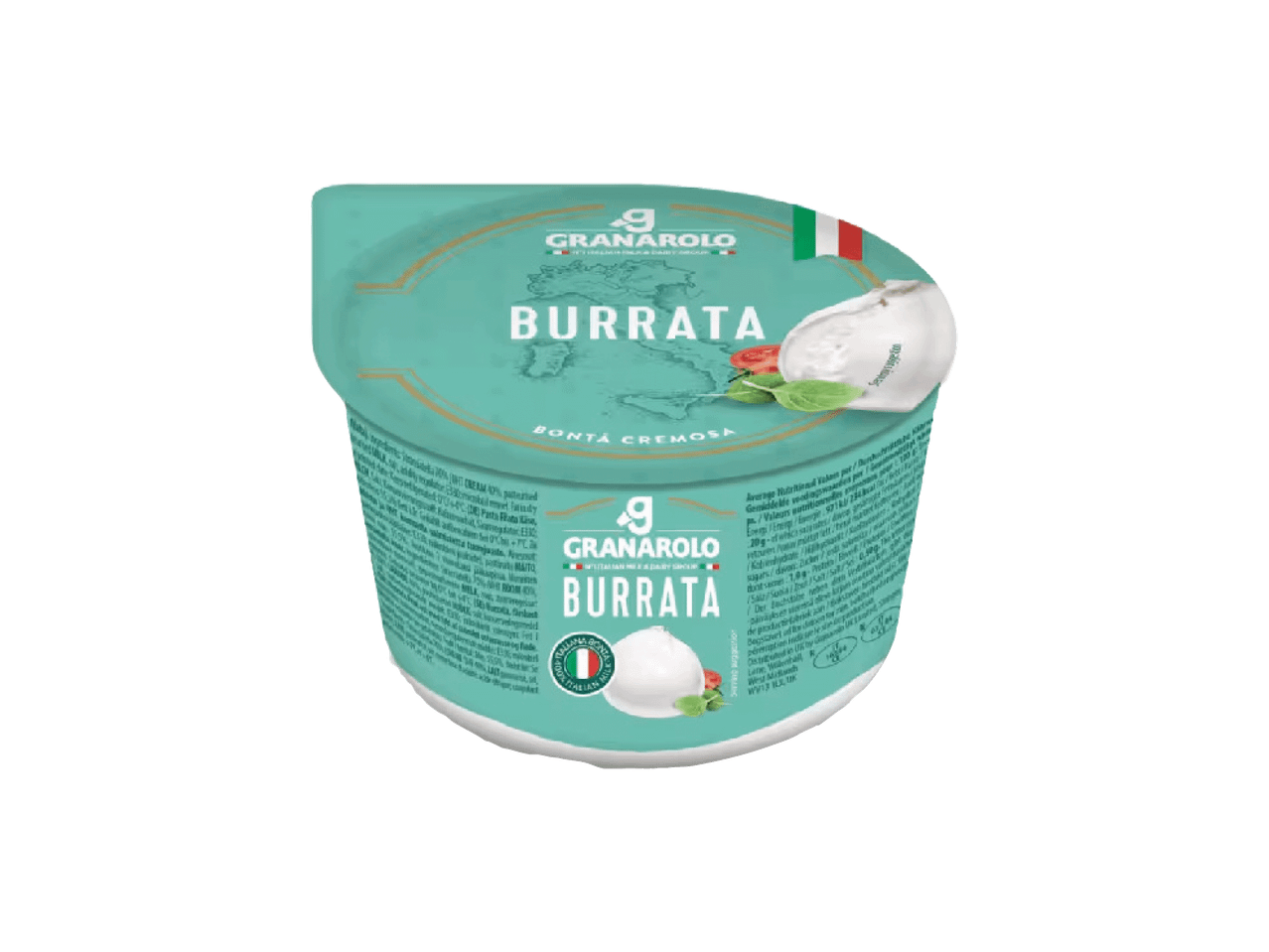 Granarolo Burrata sūris su grietinėle, patiektas su pomidorais ir baziliku.