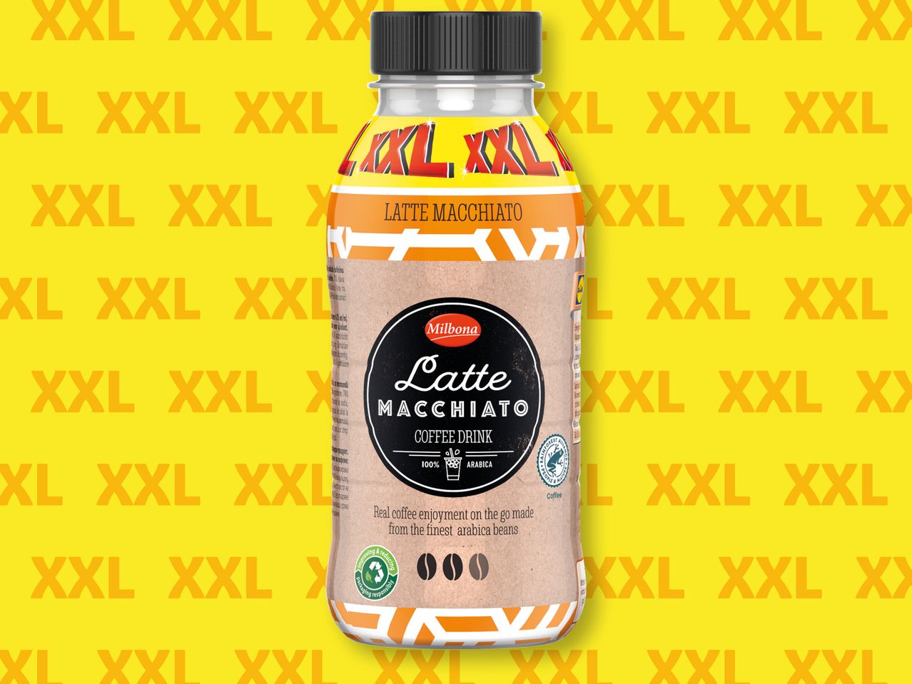 Бутилка Milbona Latte Macchiato на жълт фон с надпис XXL.