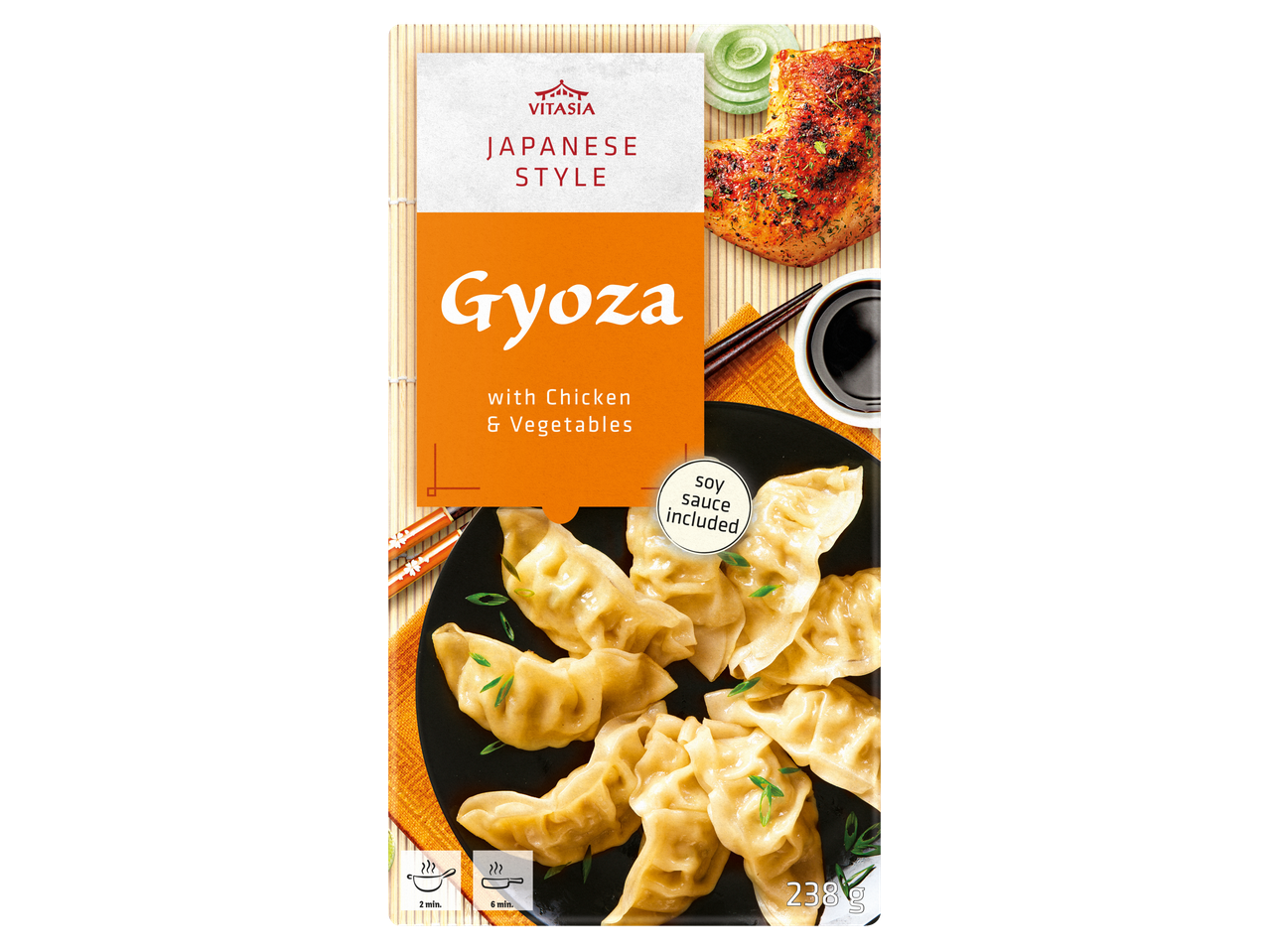 Gyoza Vitasia estilo japonês com frango e vegetais, 238g, molho de soja incluído.