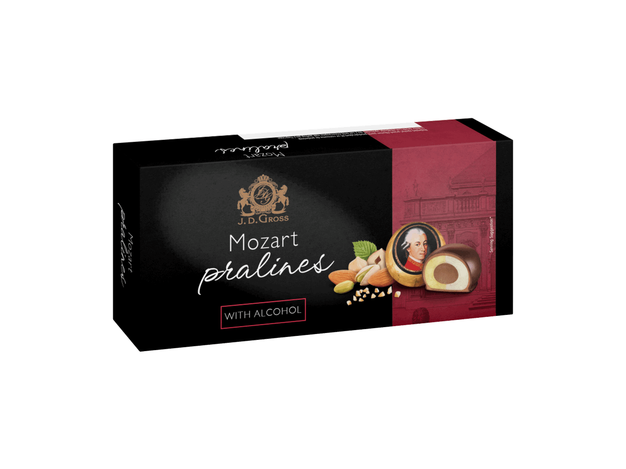Kutija Mozart pralina sa alkoholom, prikazuje čokoladne praline, orašaste plodove i portret Mocarta.