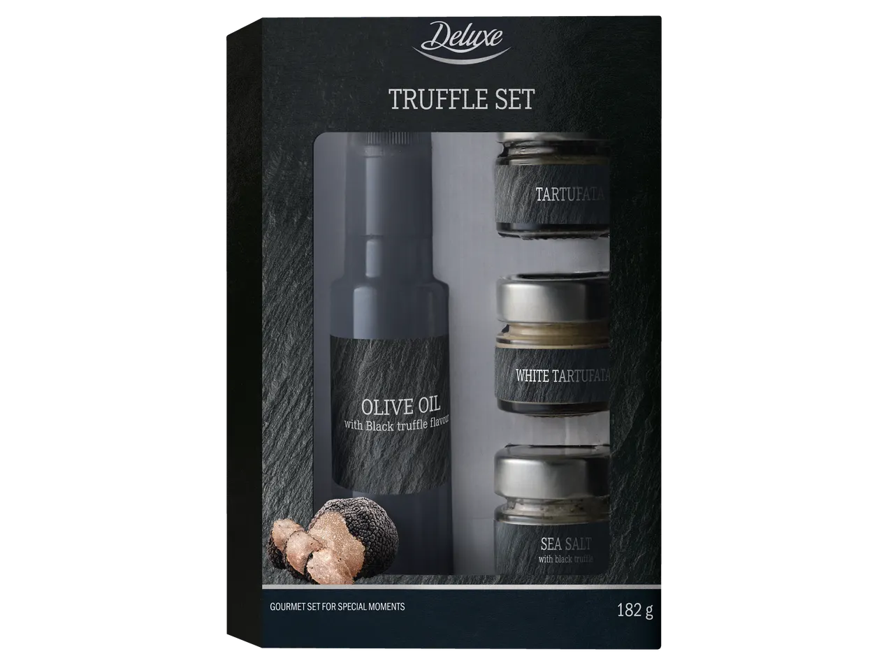 Deluxe trühvlikomplekt, mis sisaldab oliiviõli, tartufatat, valget tartufatat ja meresoola.