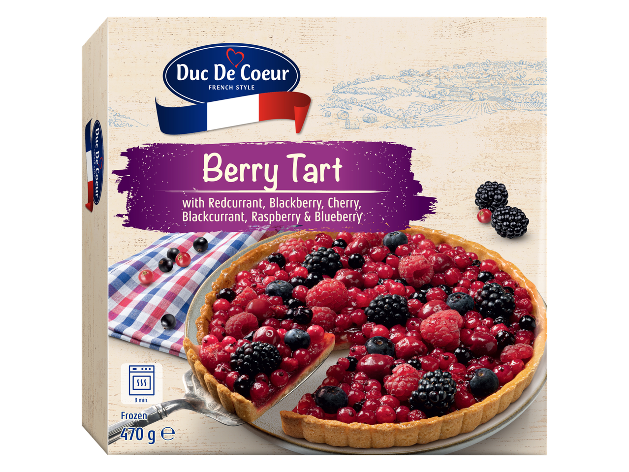 Külmutatud Duc De Coeur marjatart punase sõstra, muraka, kirsi, mustsõstra, vaarika ja mustikaga, 470 g.