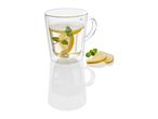 Double-walled glass mug with a handle, filled with a light-colored beverage and lemon slices.