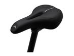 Black bicycle saddle with memory foam and AVESYSTEM technology, mounted on a seat post.