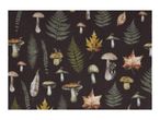 Dark background with a pattern of mushrooms, ferns, and autumn leaves.