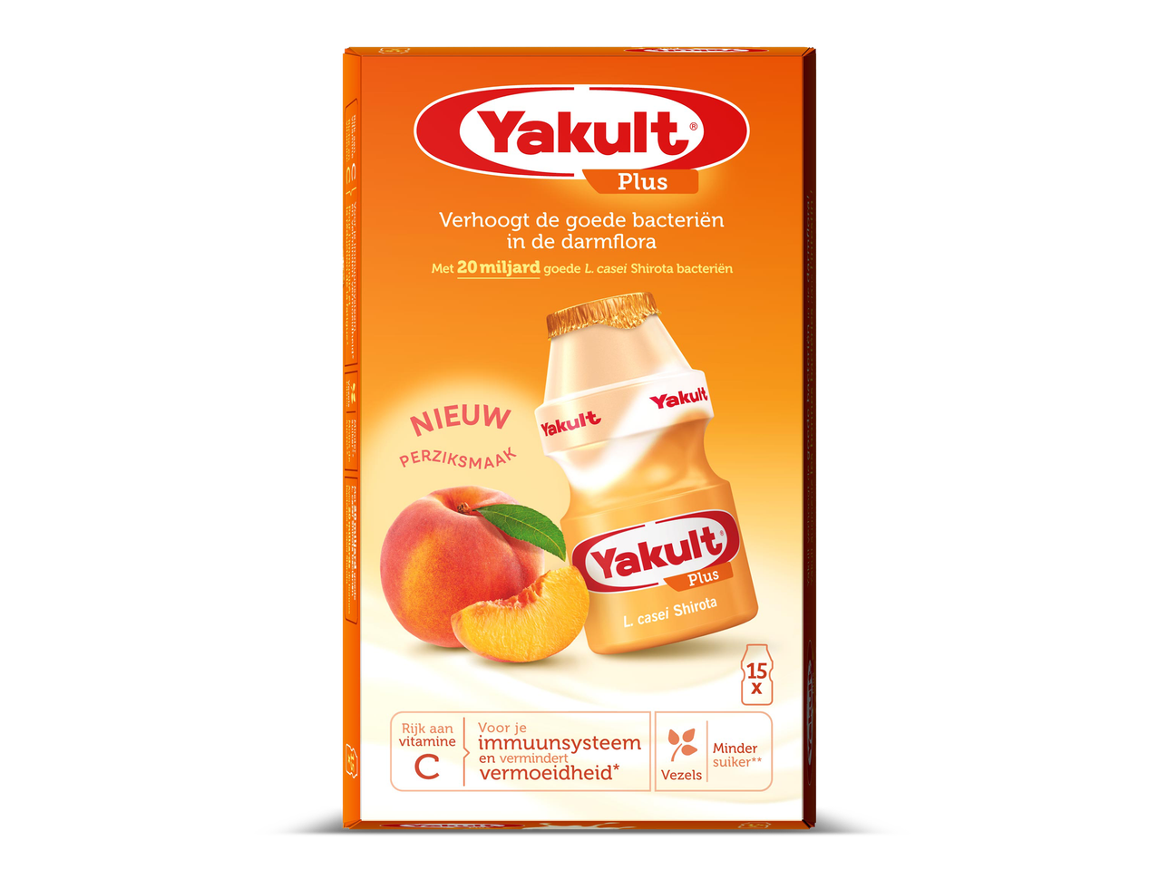 Een verpakking van 15 flesjes gefermenteerde zuiveldrank met perziksmaak.