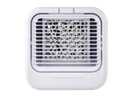 Top-down view of a white portable air cooler with a visible fan and grille.
