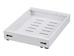 White extendable drawer organizer with black arrows indicating width adjustment