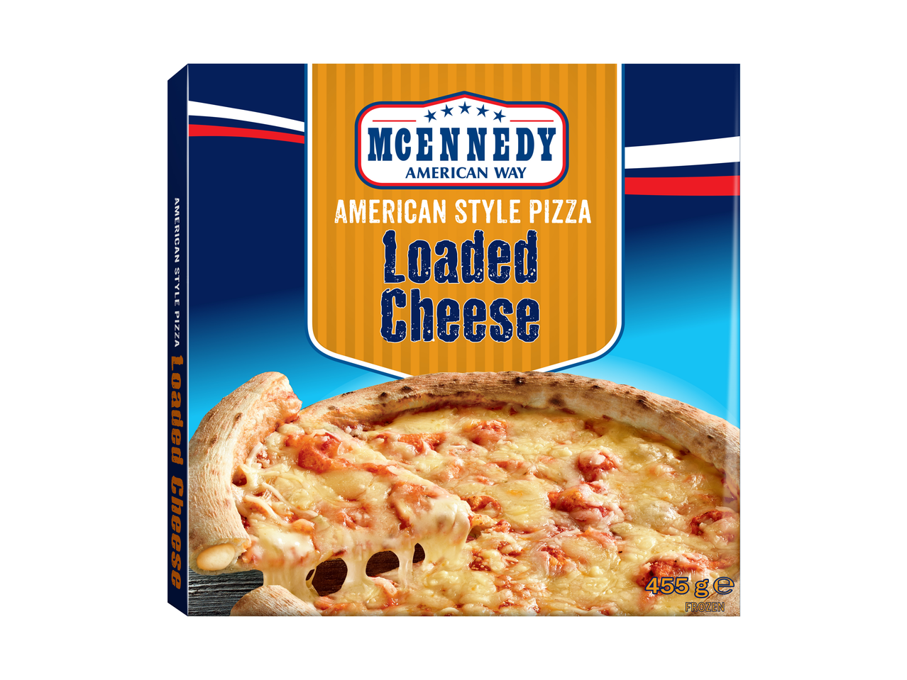 Pizza congelada estilo americano com muito queijo, uma fatia a ser puxada, mostrando queijo derretido.