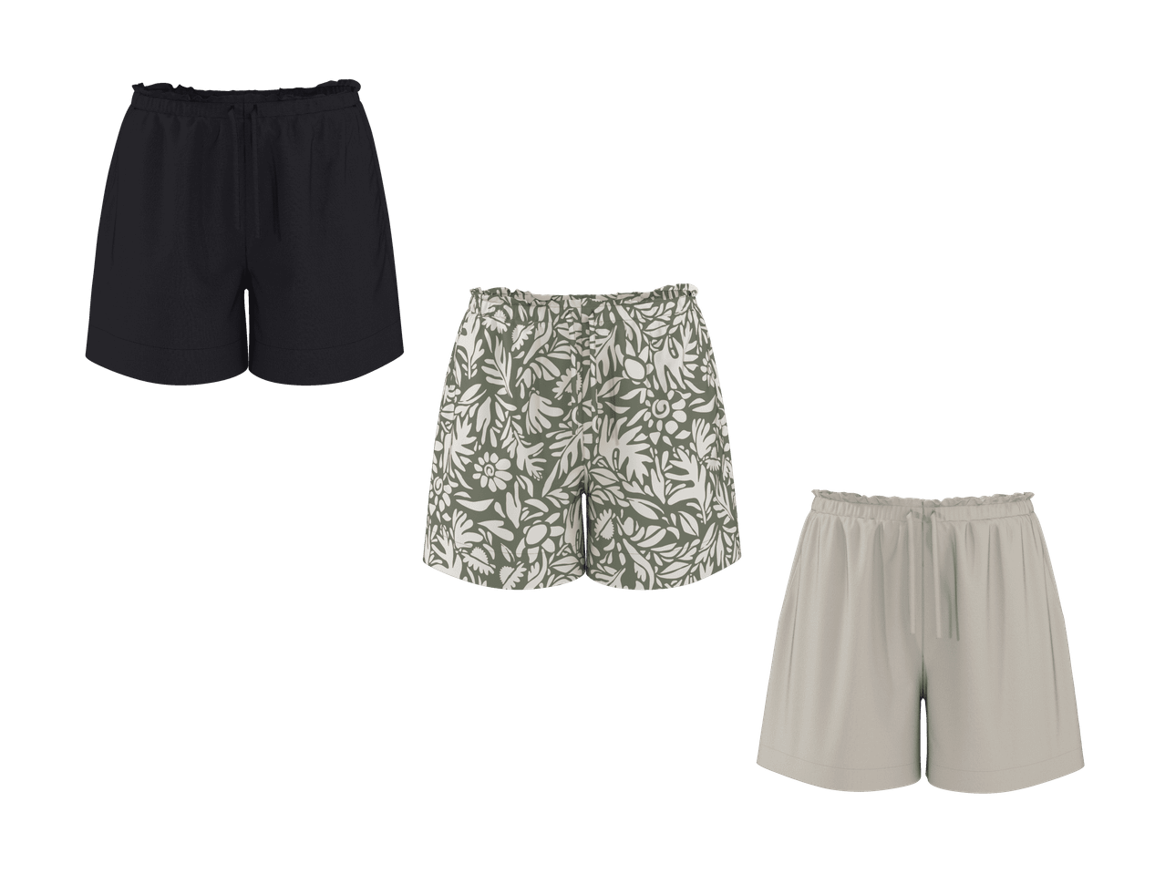 Drei Damenshorts: schwarz, grün gemustert und beige.
