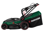 Cortador de relva elétrico Parkside® em verde e preto com detalhes vermelhos.