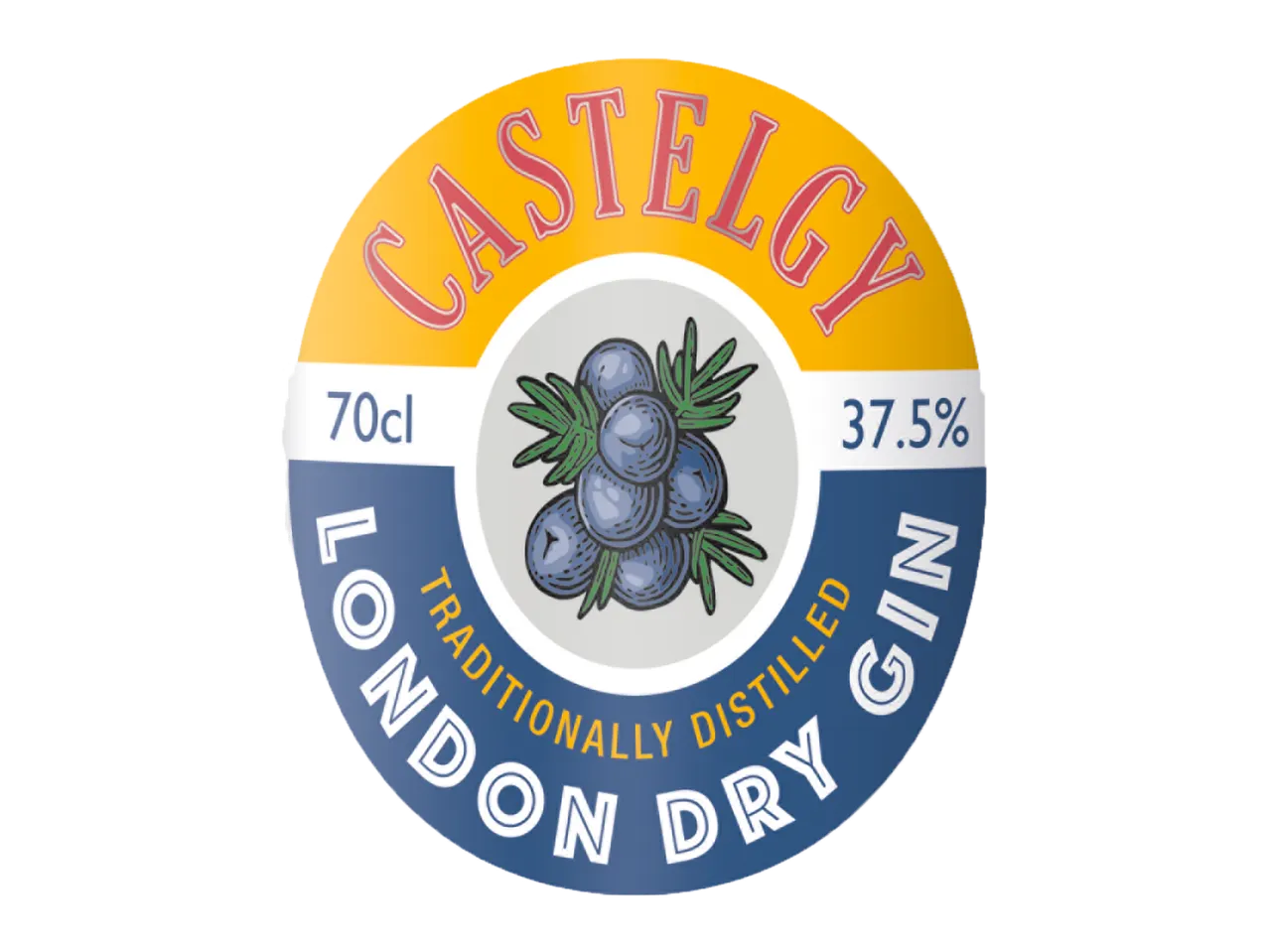 Кръгъл етикет за джин с боровинки, 70cl, 37.5% алкохол, с надпис 'LONDON DRY GIN'