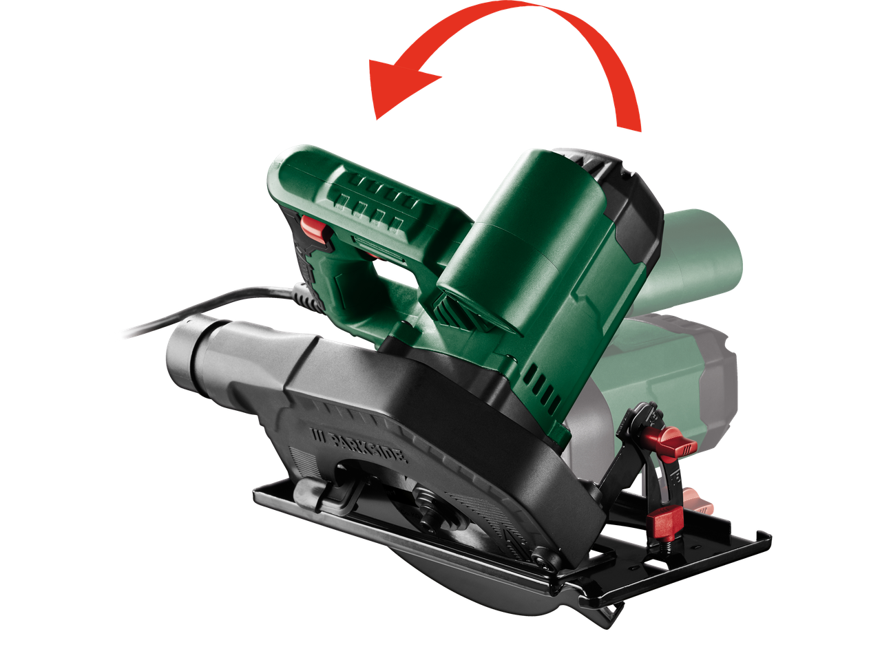 Serra circular manual verde com uma seta vermelha curva indicando movimento