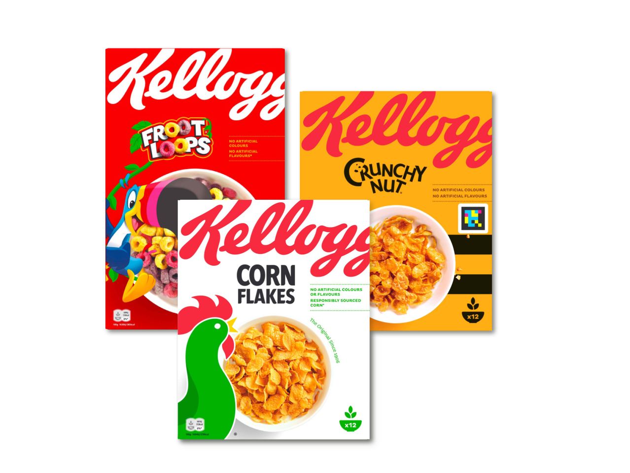 Kellogg's Hommikusöögihelbed: Froot Loops, Corn Flakes ja Crunchy Nut.