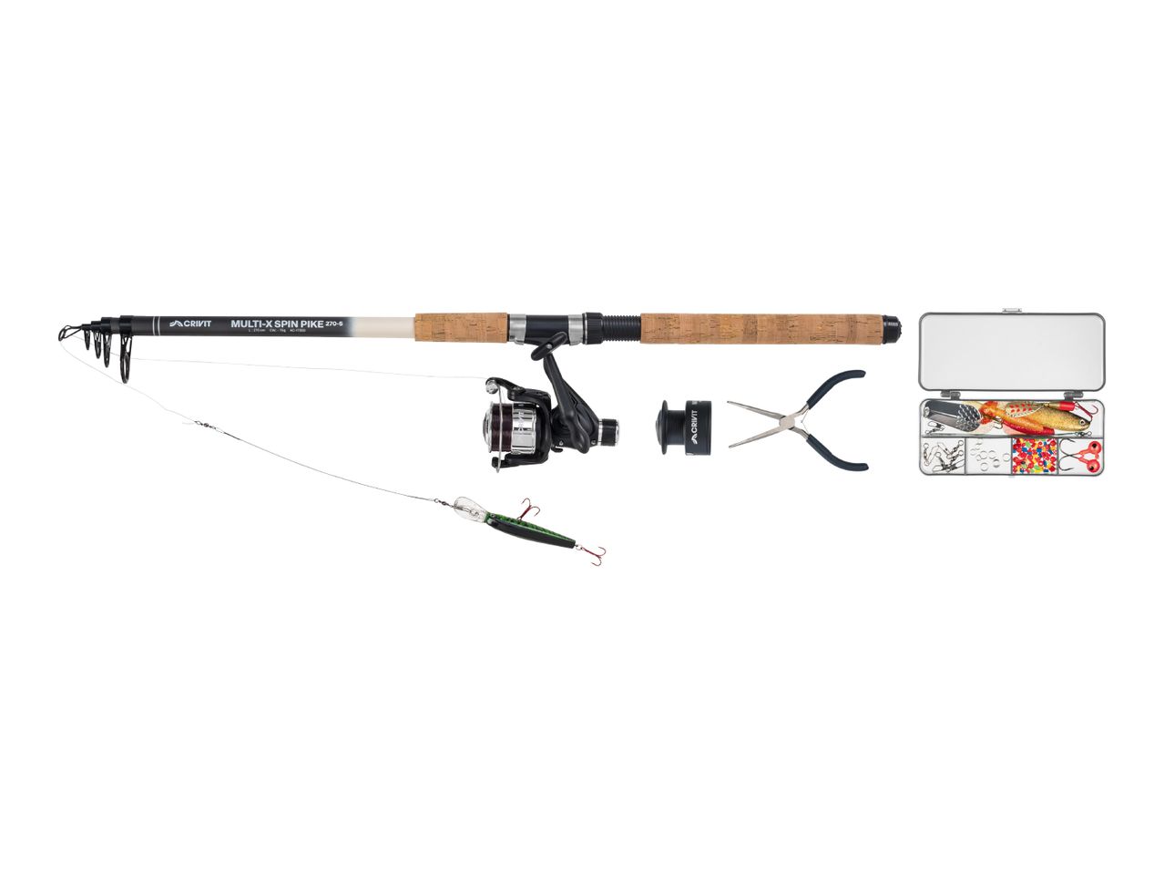 Fishing rod with reel, lure, pliers, and tackle box with various fishing accessories.