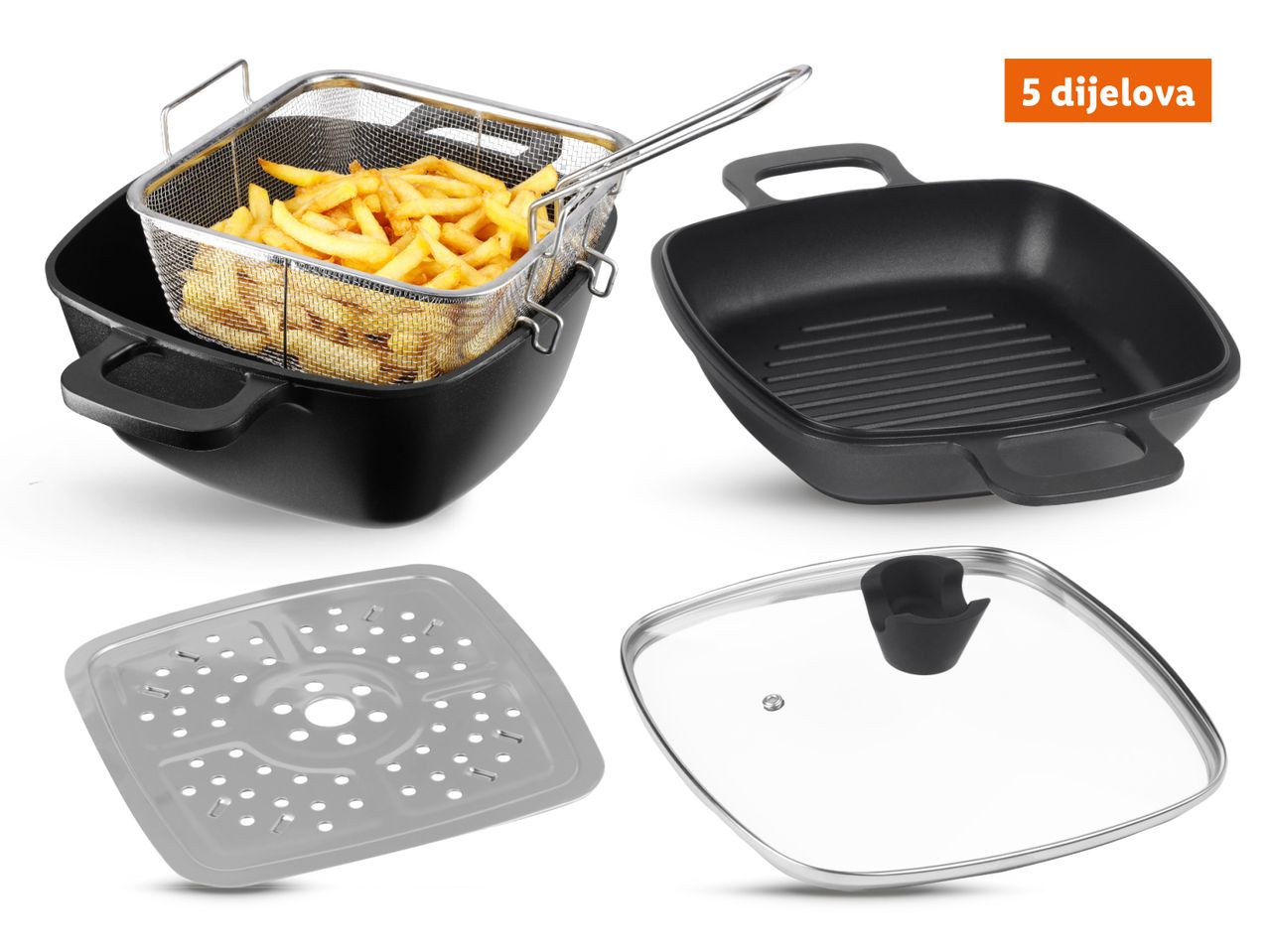 Set za pečenje s pet dijelova: posuda za prženje, košarica, ploča za pečenje, poklopac i rešetka.