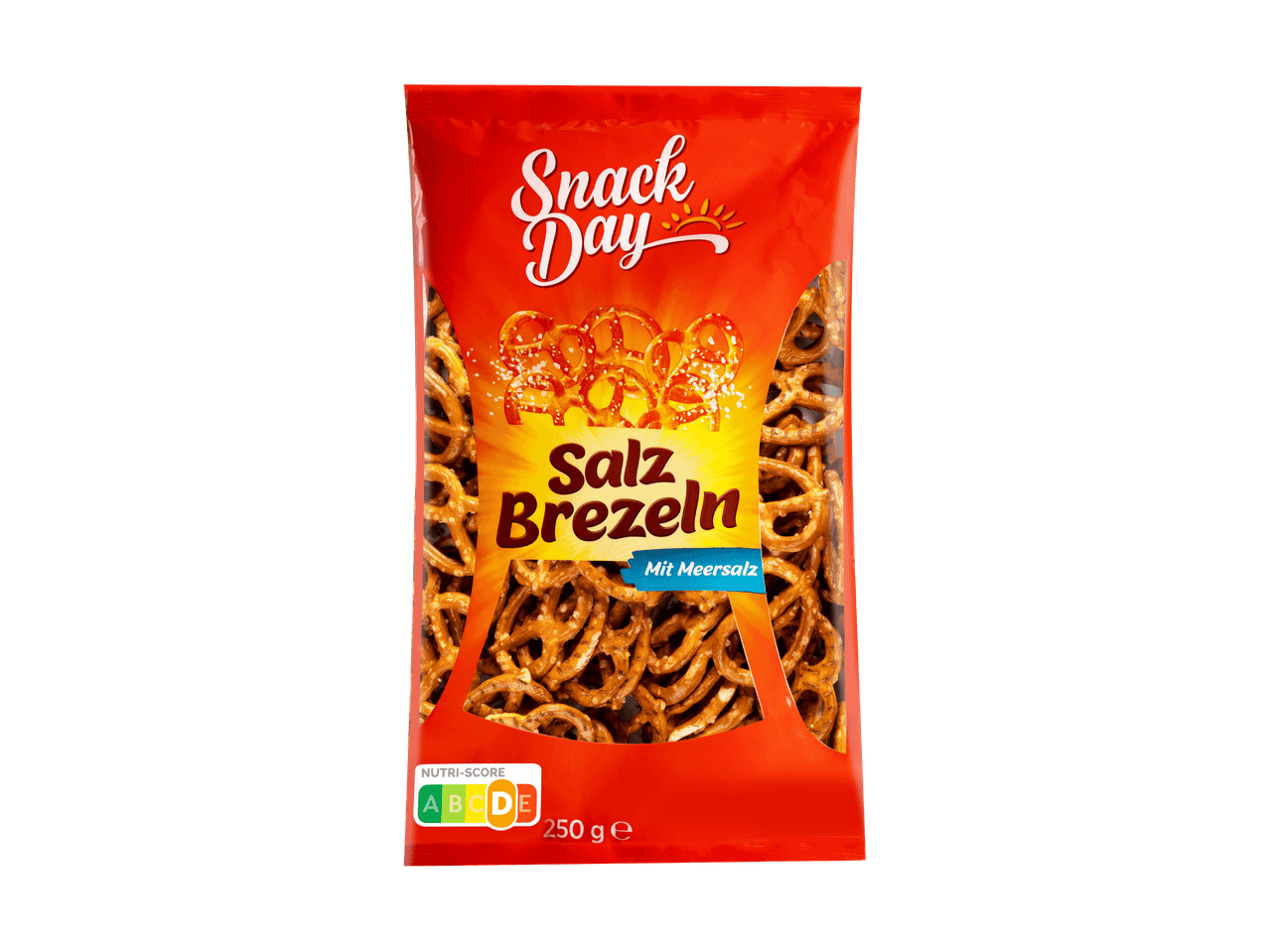 Snack Day Salz Brezeln (250g) mit Meersalz in einer orangefarbenen Verpackung.